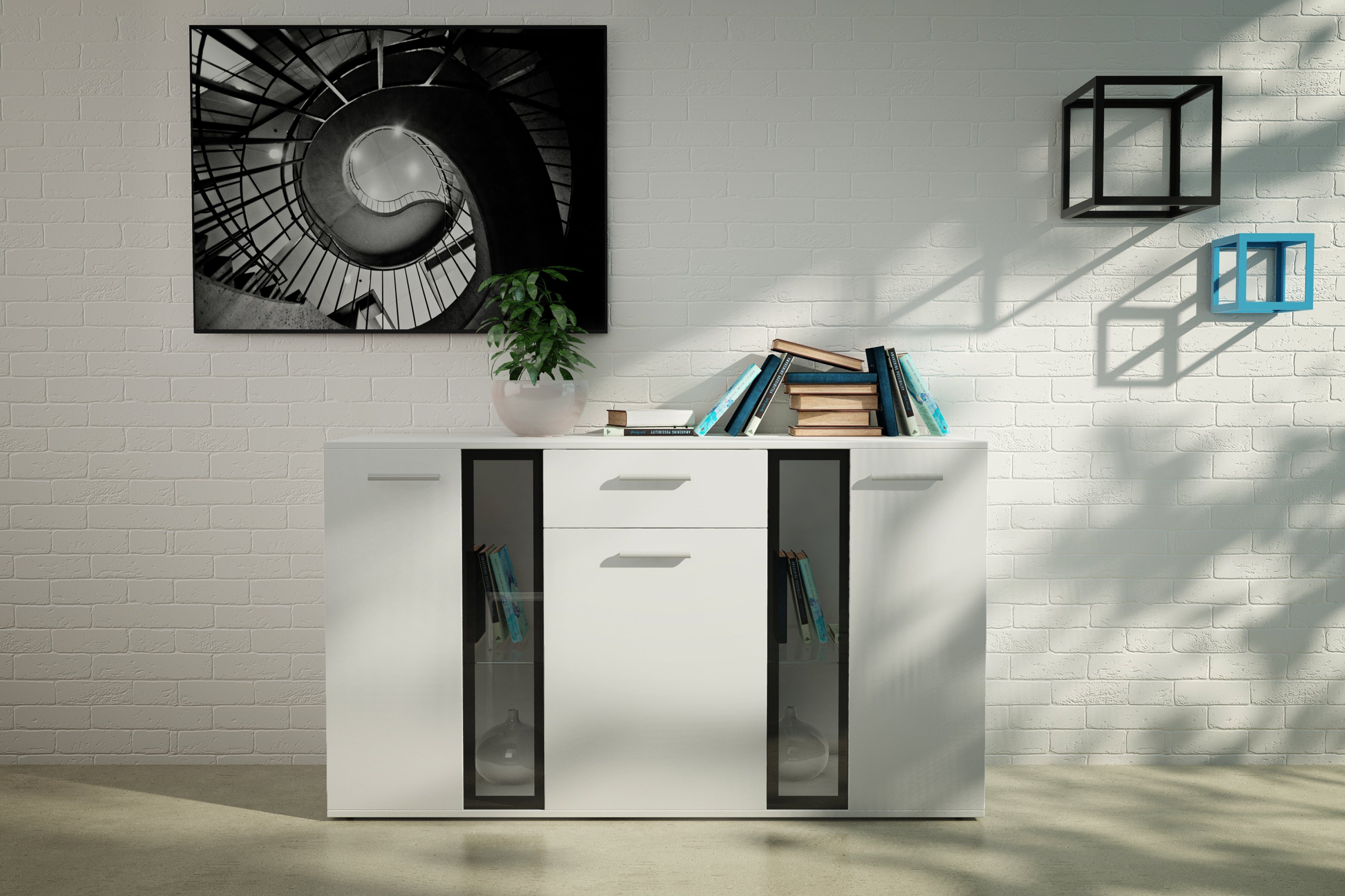 Furnix Anrichte Sideboard SARAI mit Glastüren, 1 Schublade, 3 Türen, B140,4 x H80 x T40,2 cm