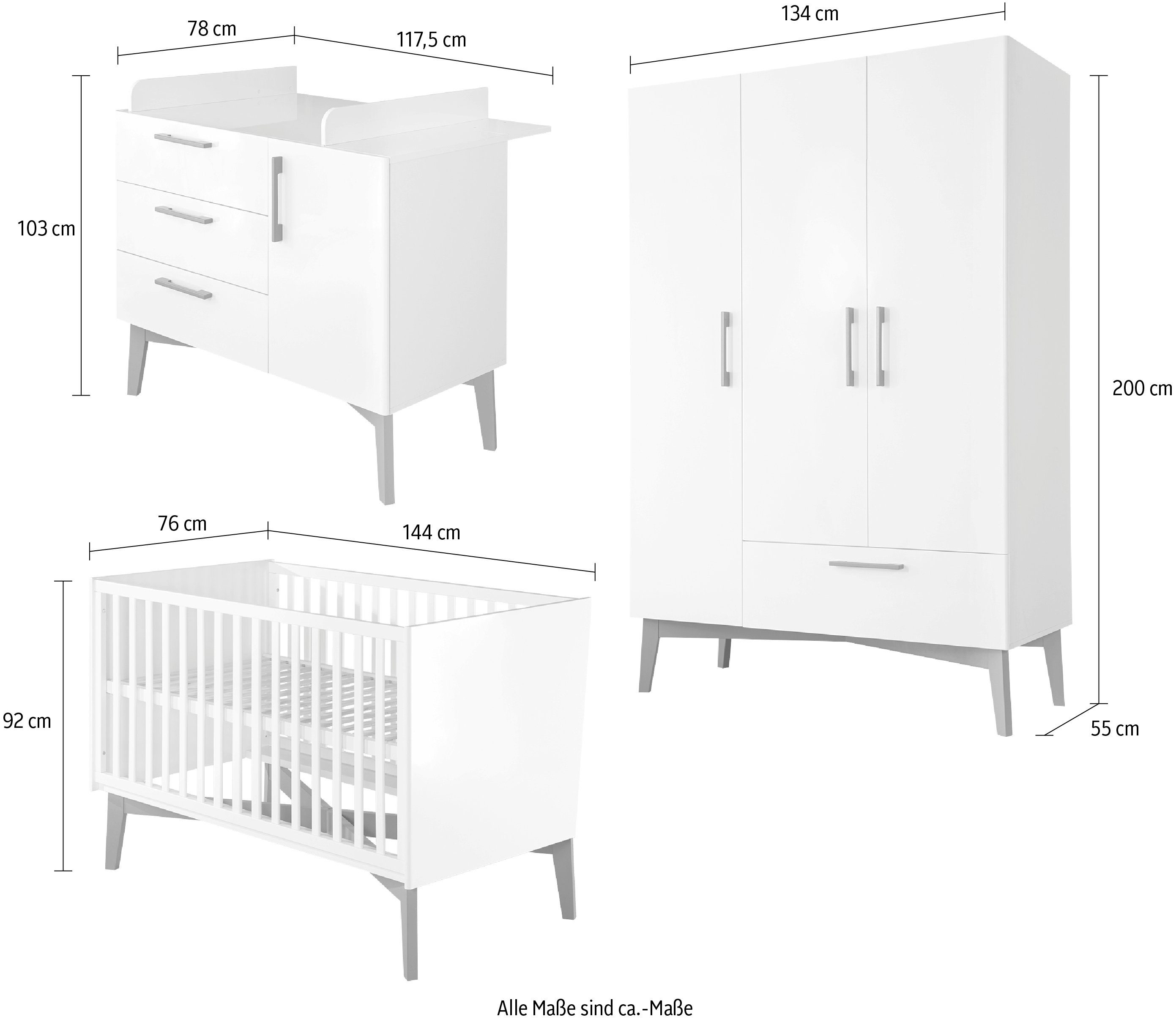 roba® Babyzimmer-Komplettset Mika, (Set, 3-St., Kombi-Kinderbett, Kleiderschrank, Wickelkommode), mit grauen Füßen im Retro Look