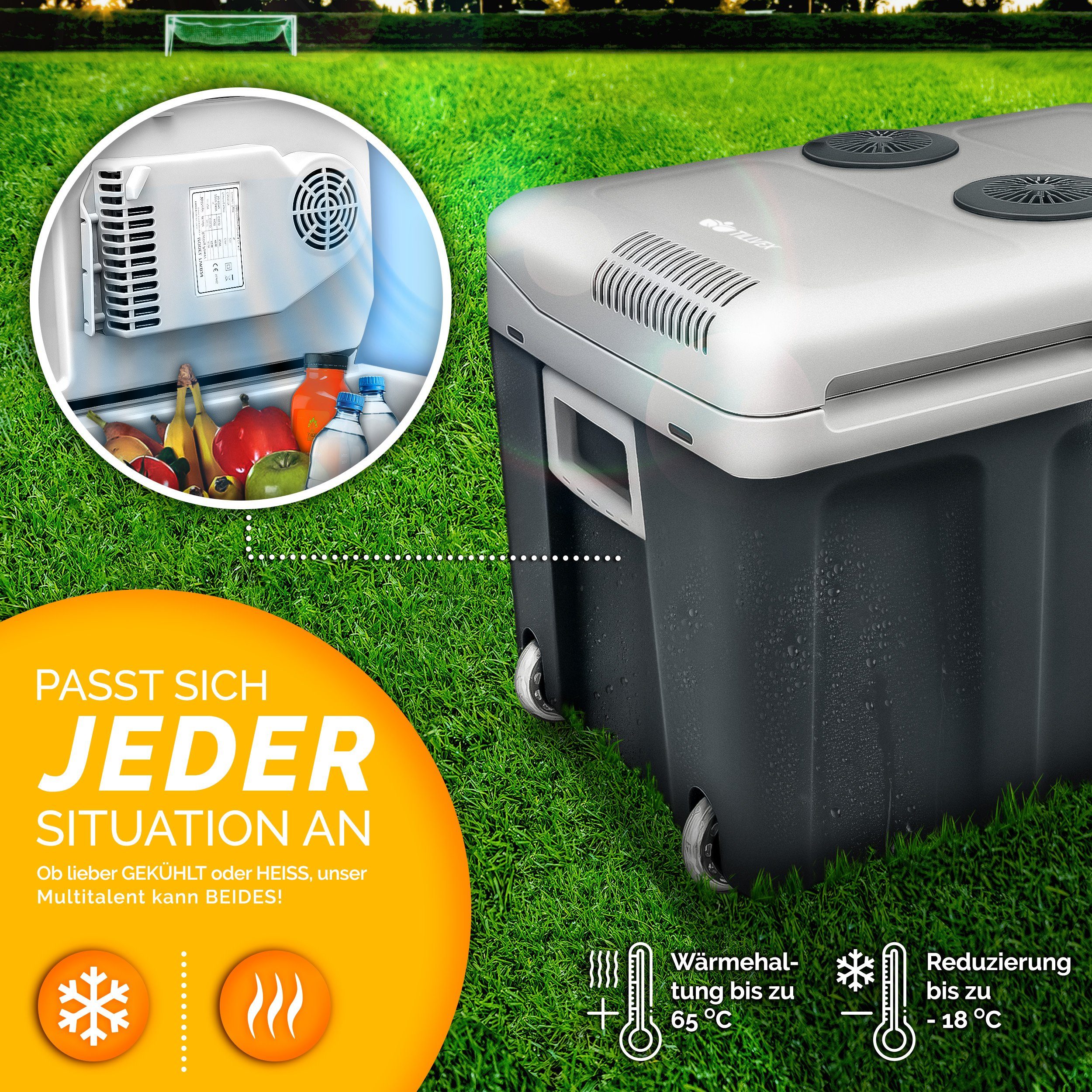 tillvex Kühlbox elektrisch 40L mit Rollen Mini-Kühlschrank, 230 V und 12 V für KFZ Auto Camping, kühlt & wärmt, ECO-Modus