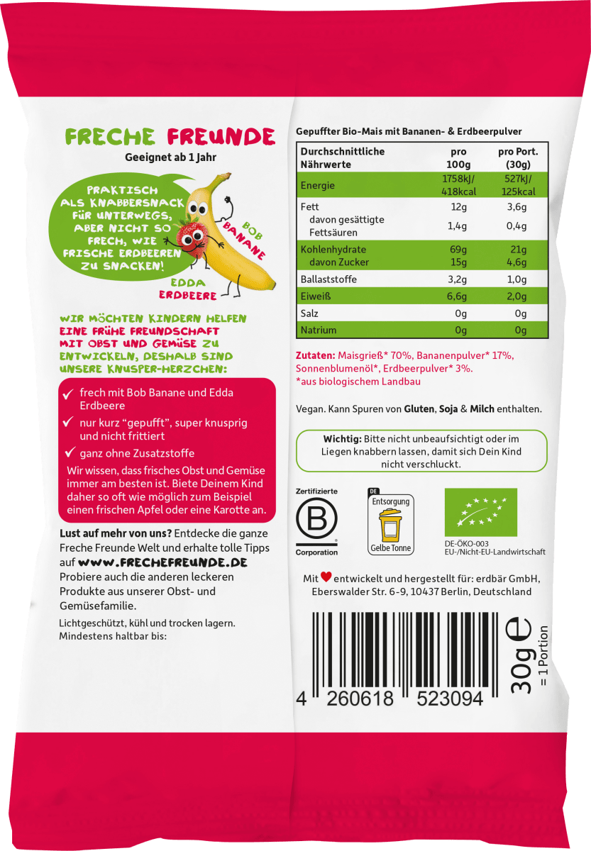 Kindersnack Knusper-Herzchen Banane & Erdbeere, 30 g