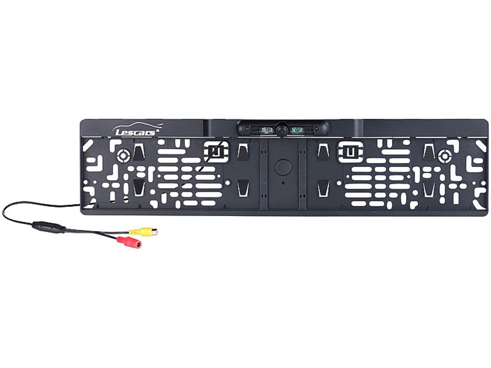 Lescars Lescars Funk-Rückfahrkamera 10,9-cm-TFT-Monitor Nummernschild Rückfahrkamera (480 x 272 Pixel, 2x Video-Cinch und Strom-Adapterstecker mit 45cm Länge, Übertragung via Funk, somit keine Kabelverlegung nach Vorne nötig)