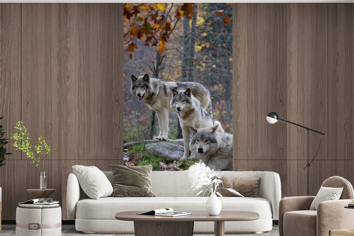 MuchoWow Fototapete Wölfe - Fels - Wald, Matt, bedruckt, (2 St), Vliestapete für Wohnzimmer Schlafzimmer Küche, Fototapete
