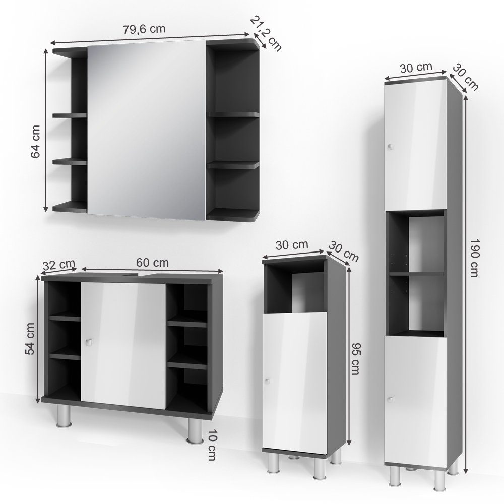 Vicco Badmöbel-Set Badezimmerset FYNN Anthrazit Weiß Set 4, (4-er Set, 4-St., 4-er Set)