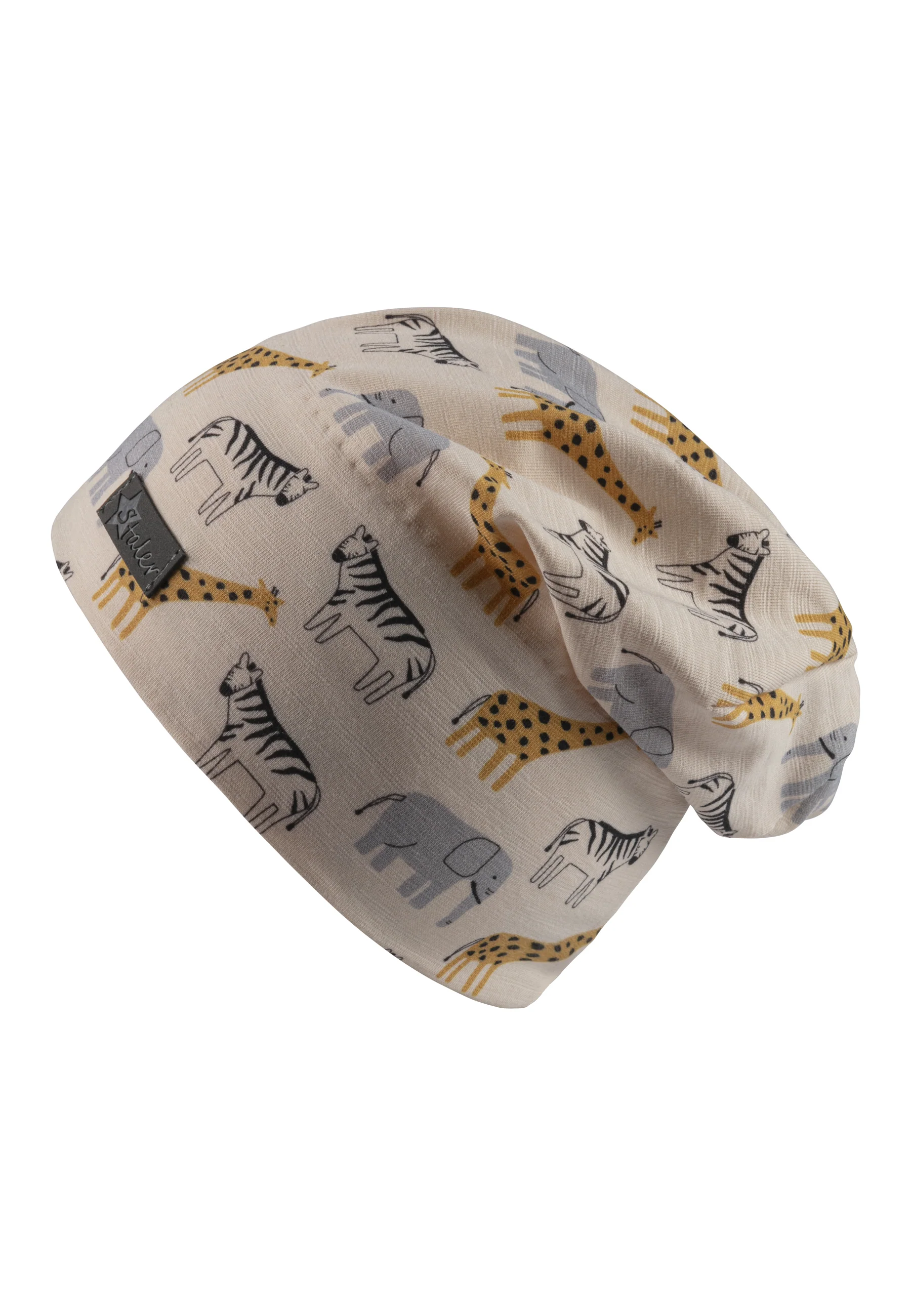 Beanie bedruckt mit Safari-Tieren in beige