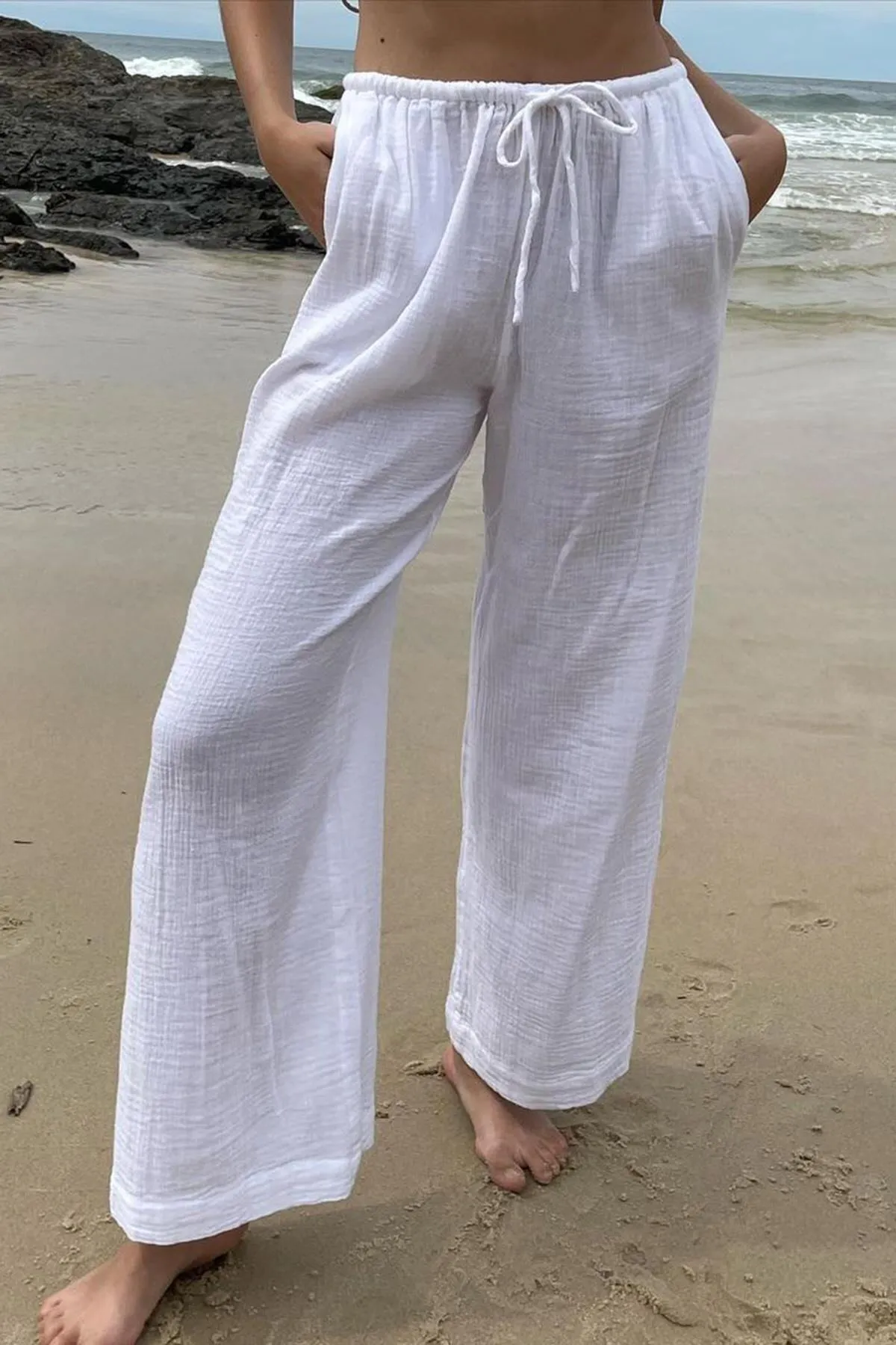 Madmext  Weiße Basic-Strandhose für Damen aus Crinkle-Stoff