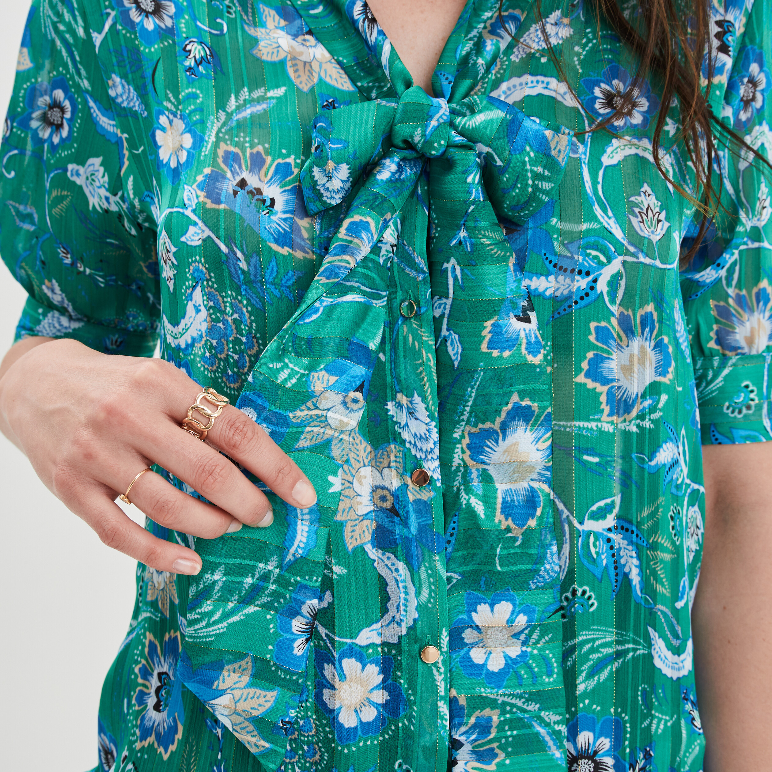 Blouse col lavalière manches courtes vert femme | La Halle