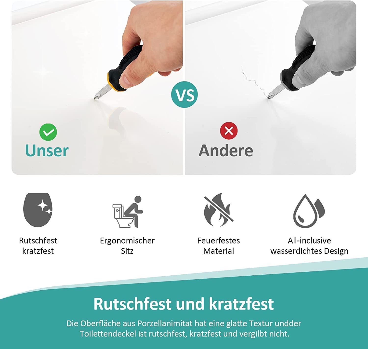 EMKE WC-Sitz Toilettendeckel mit Absenkautomatik, Klodeckel Weiß Klobrille Abnehmbar Toilettensitz bis 150KG