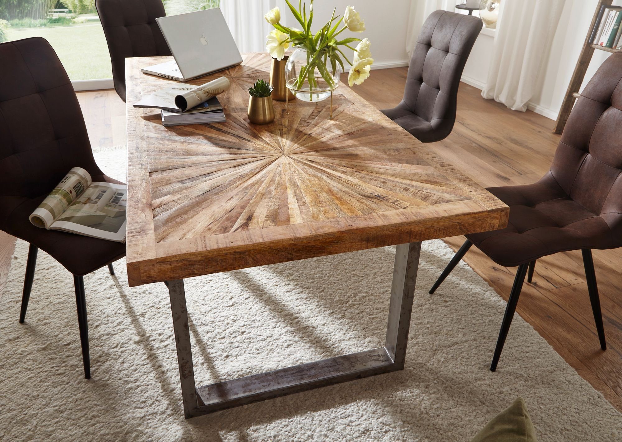 FINEBUY Esstisch SuVa18463_1 (Mango Massivholz Esszimmertisch 180x76,5x90 cm), Küchentisch mit Metallgestell, Holztisch Esszimmer