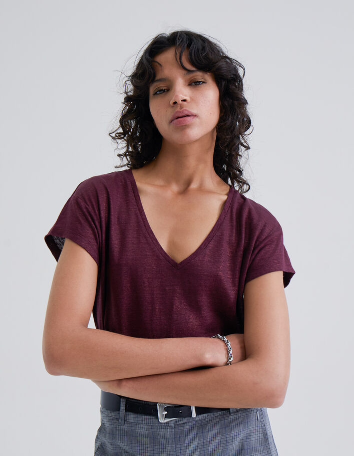 Tee-shirt grenat en maille de lin foil Femme