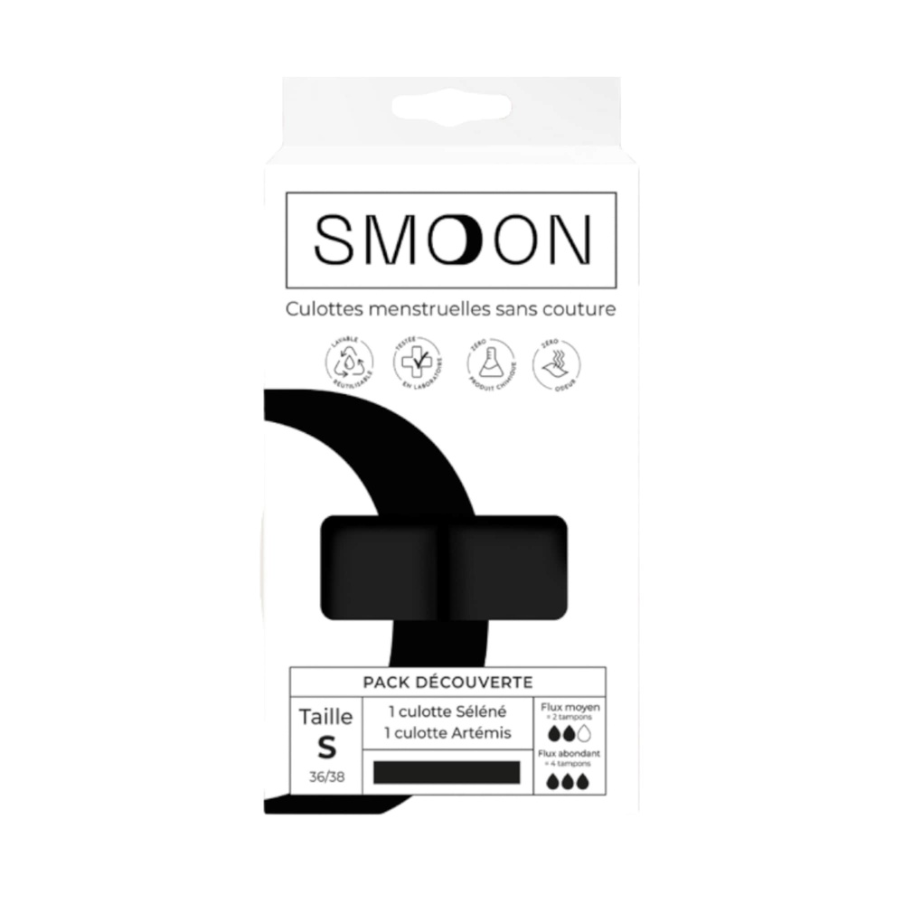 smoon lingerie Pack de 2 de culottes menstruelles Pack découverte noir : 1 culotte flux moyen + 1 culotte flux abondant