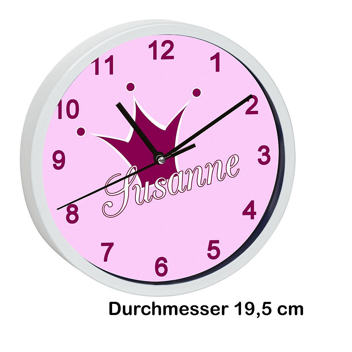 Kinder Wanduhr laufruhig personalisiert mit Name Krone pink