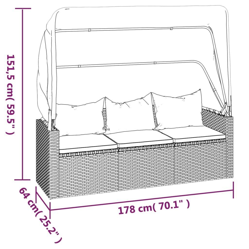 vidaXL Loungesofa 3-Sitzer-Gartensofa mit Dach und Fußhocker Schwarz Poly Rattan, 1 Teile