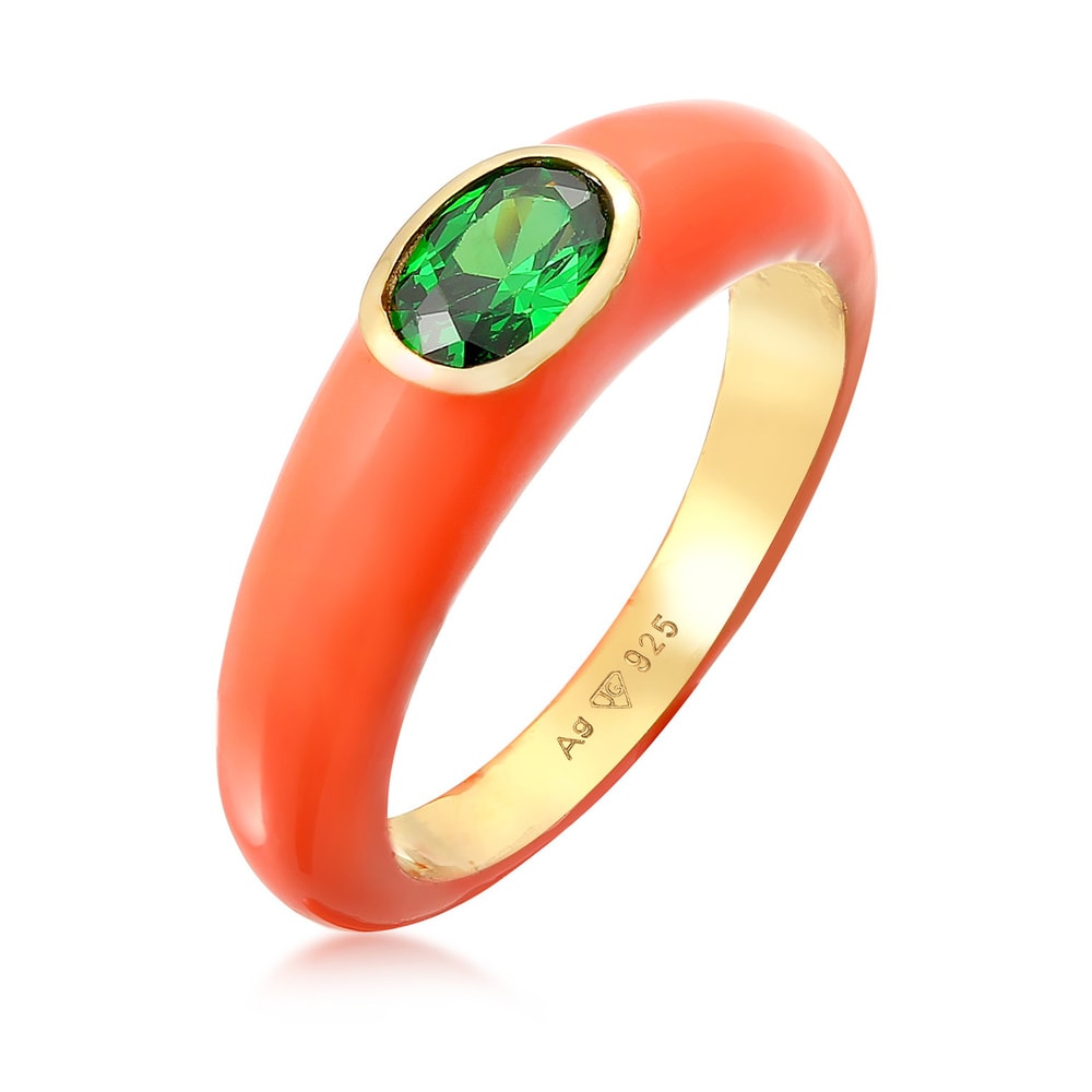 Elli Elli Bague Femmes Solitaire Ovale avec Émail Orange et Cristal de Zirconium Vert  Bague