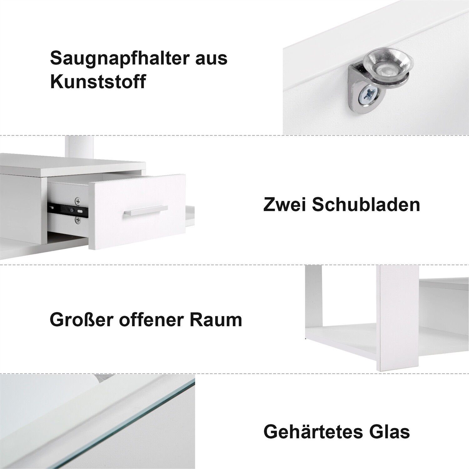 DOTMALL Tischsitz Couchtisch Glasplatte mit Stauraum Wohnzimmer Weiß