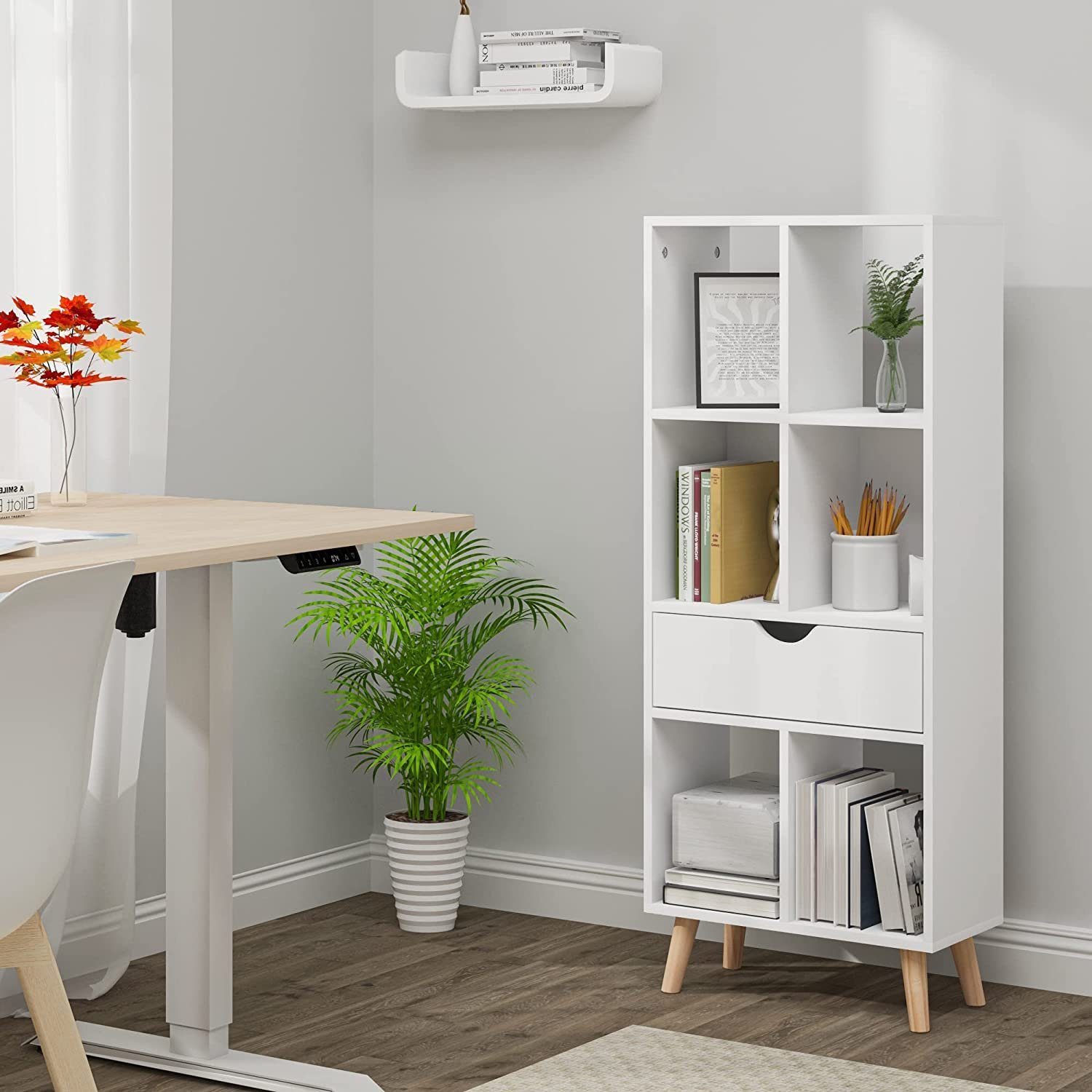 EUGAD Bücherregal, 1-tlg., Raumteiler Aktenregal mit Schublade, aus MDF, Weiß