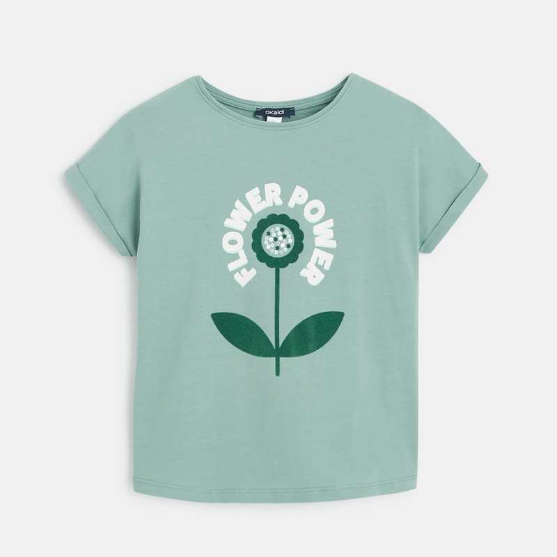 T-shirt manches courtes flower power vert fille