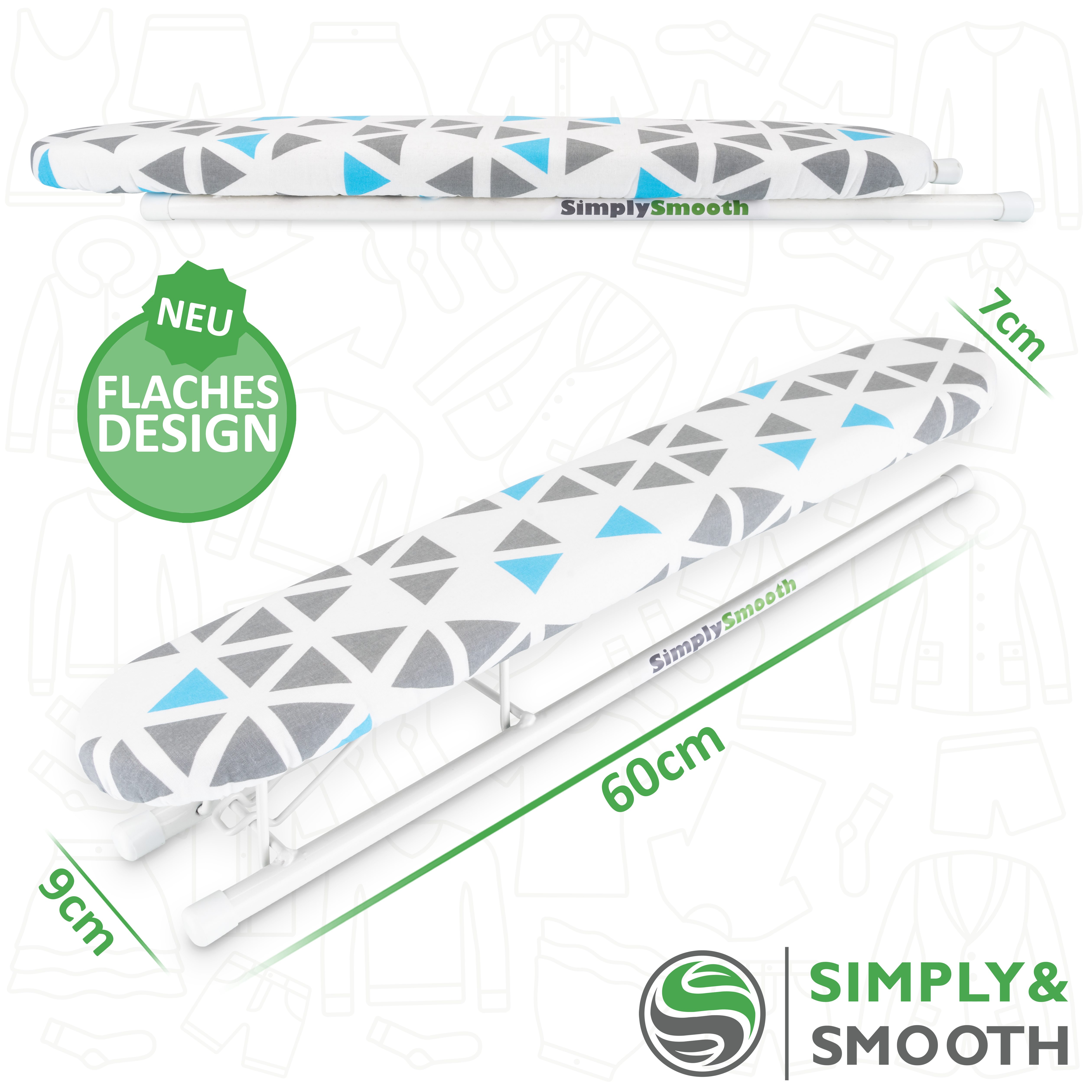 SimplySmooth Ärmelbrett 60cm extra lang und klappbar -, Bügelfläche 9,00x60,00 cm, stabile Arretierung, aufhängbares Ärmelbügelbrett, premium Bezug