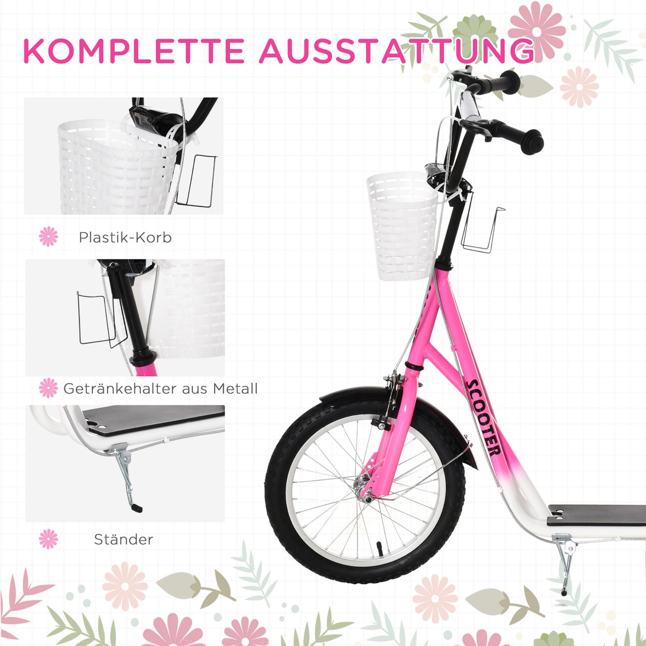 HOMCOM Kinderroller Scooter Tretroller mit Bremse Korb höhenverstellbar für 5-12 Kinder Roller Kickboard Aluminiumlegierung Gummi Rosa Weiß 139 x 58 x 90-96 cm