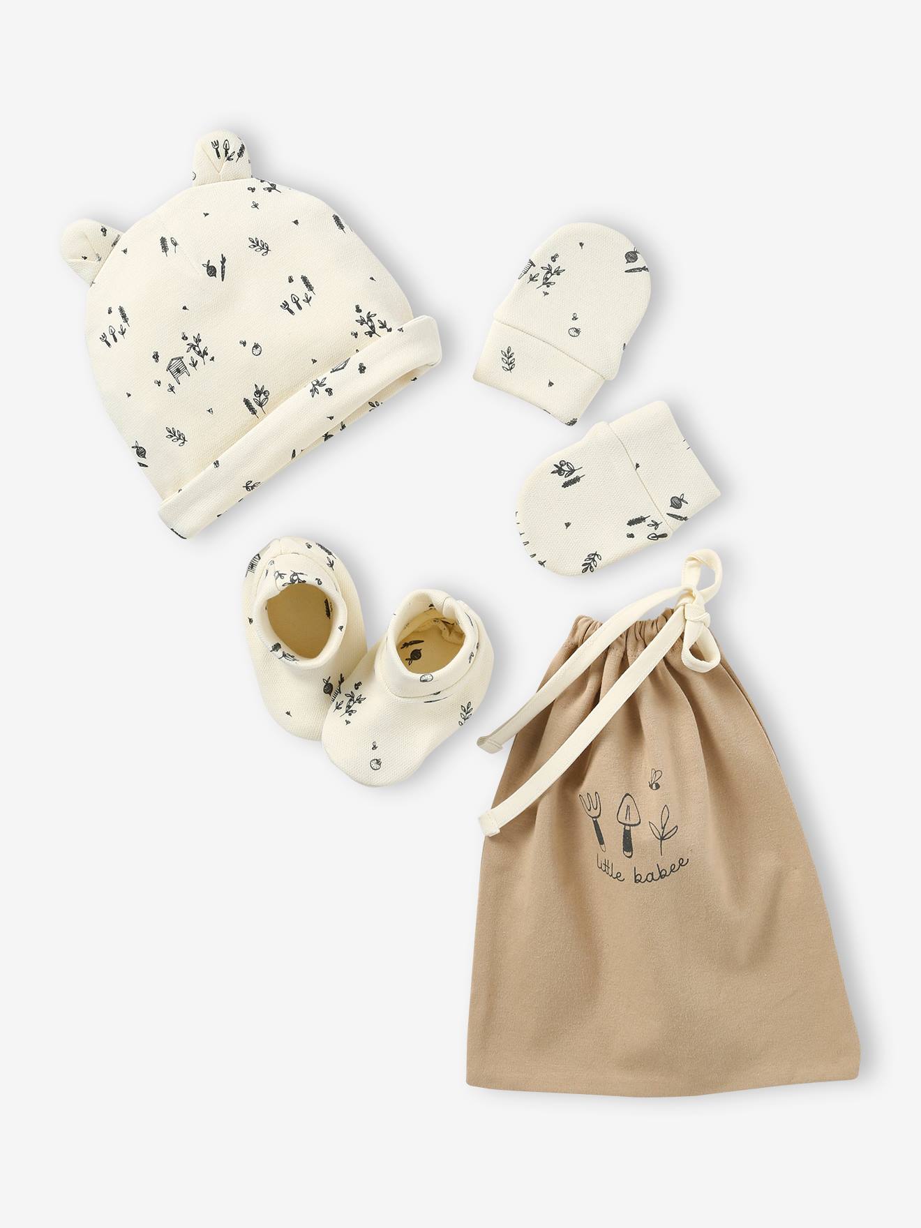 Ensemble naissance bonnet + moufles + chaussons + pochon écru