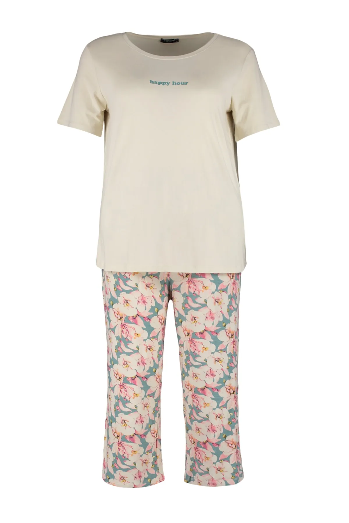 Trendyol Curve  Ecrufarbenes, kurzärmliges Pyjama-Set aus Strick mit Blumenmuster TBBSS23AI00009