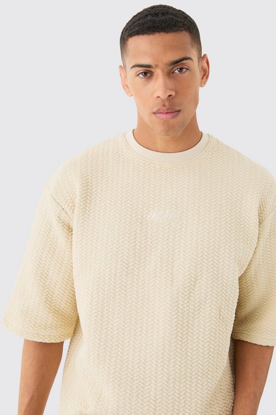 Gestepptes Oversize T-Shirt mit Fischgräten-Print und Man-Print