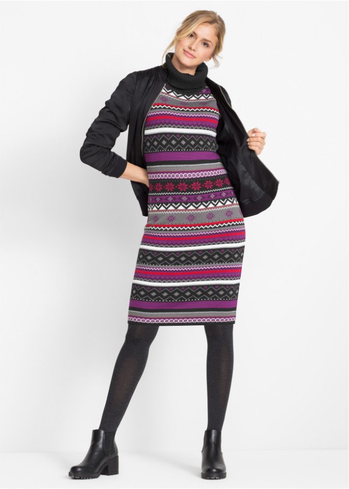 Jacquard-Strickkleid mit Schalkragen