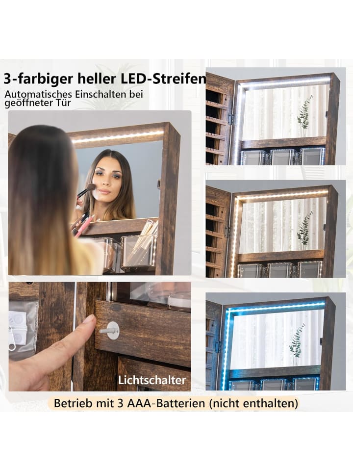 COSTWAY Schmuckschrank mit Spiegel in Braun günstig kaufen 37 cm