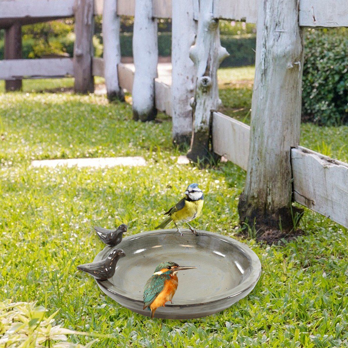 colourliving Vogeltränke Vogeltränke für den Garten 30cm grau Keramik Vogeltränke rund Vogelbad, handbemalt, glasiert, leicht zu Reinigen