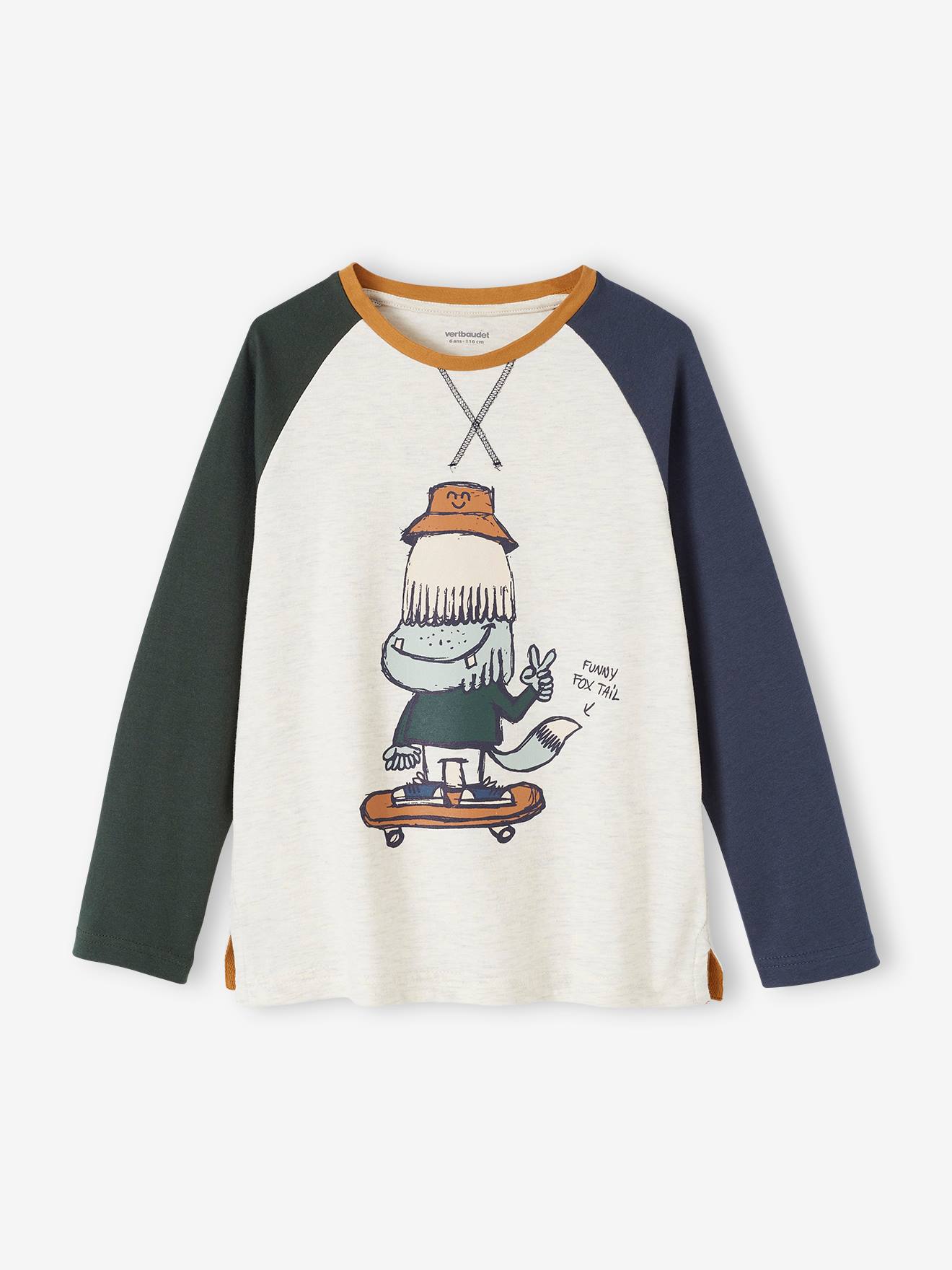 T-shirt sport motif monstre skater garçon manches longues raglan beige chiné