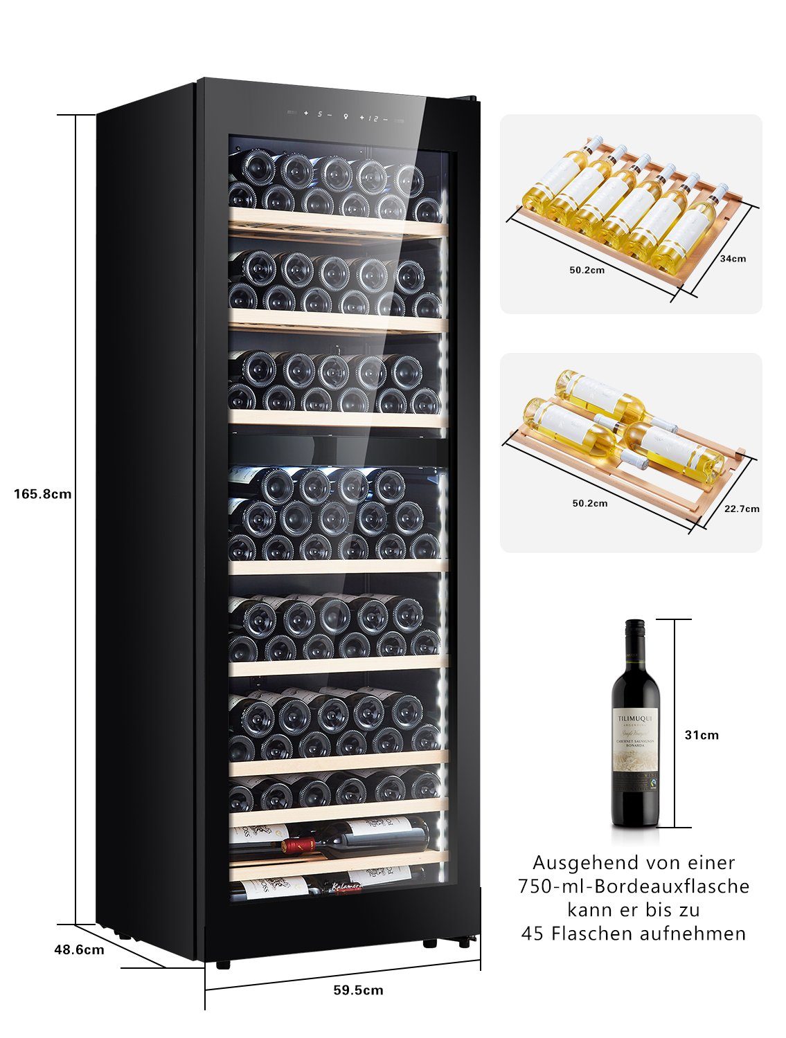 kalamera Weinkühlschrank KRC-266BFG Nouvelle version, für 84 Standardflaschen á 0,75l,2 Zonen