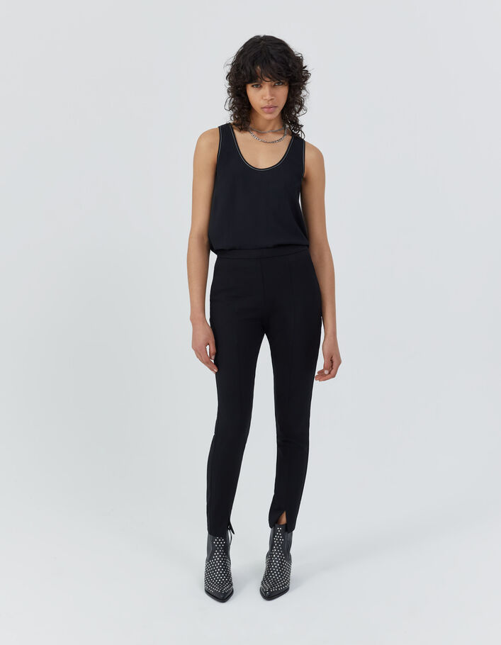 Top en crêpe noir surpiqûre bijou col femme