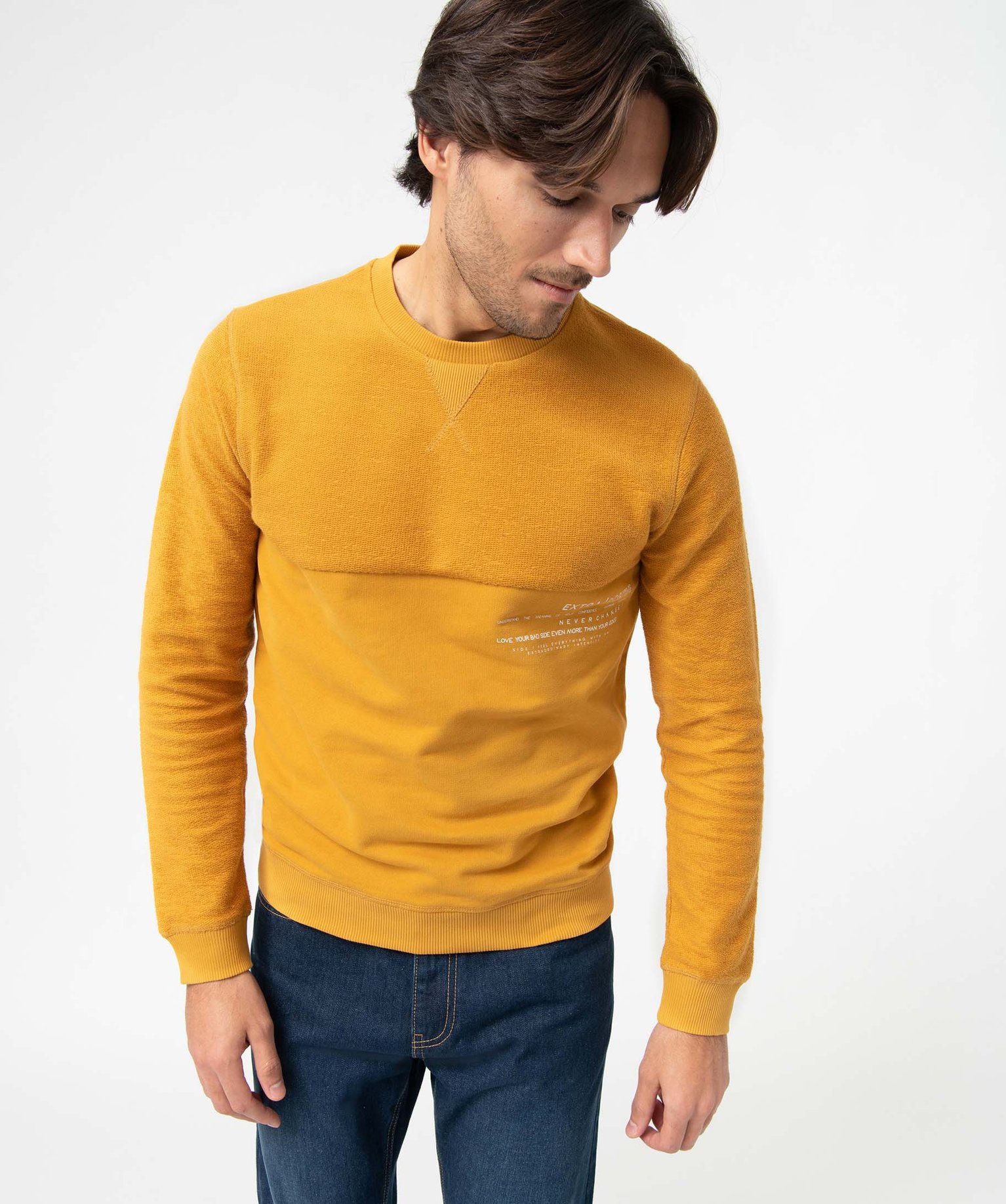 Sweat homme bi-matières avec inscription jaune | GEMO