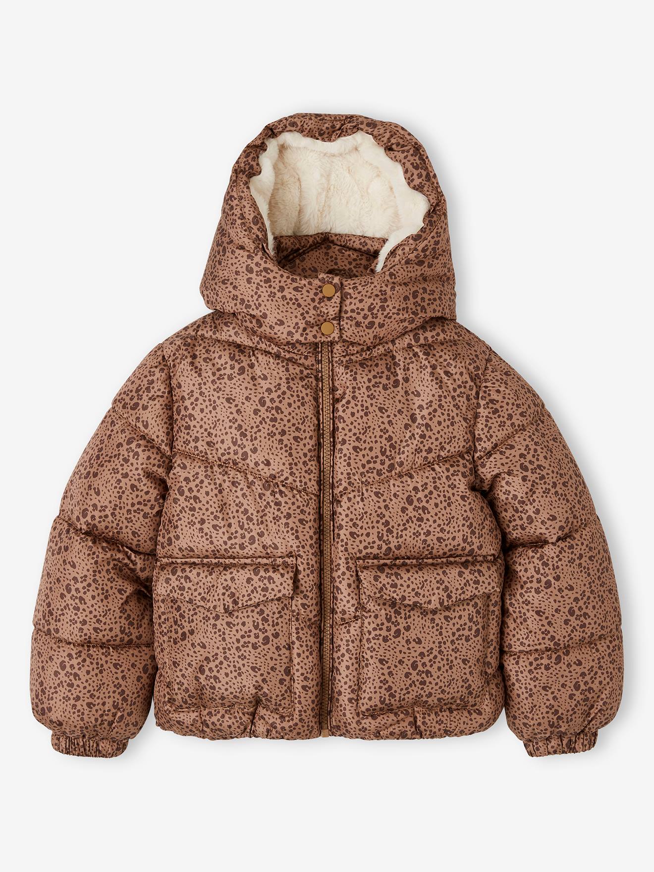 Doudoune à capuche imprimée doublée polaire fille marron imprimé