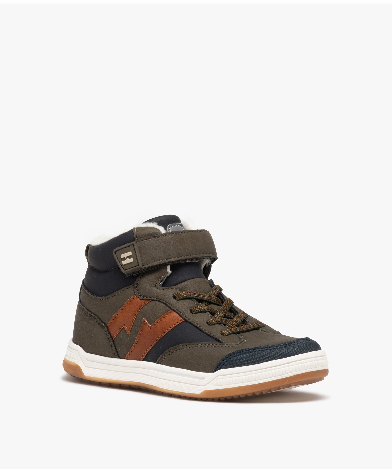 Baskets Garçon mid-cut avec col fourré et à scratch - Hobiz kaki | GEMO