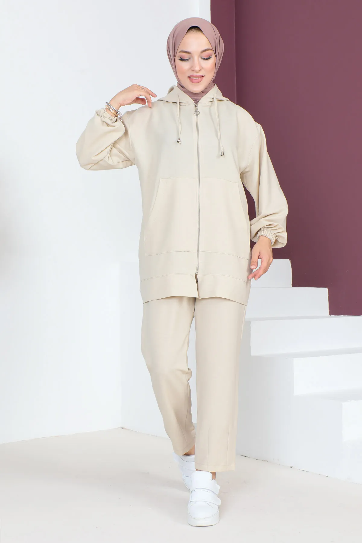 Tesettür Dünyası  Doppelanzug mit Kapuze TSD230703 Beige