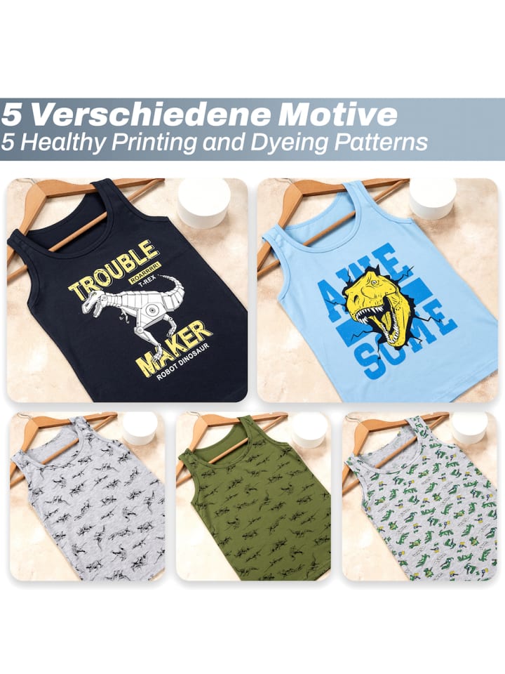 LOREZA 5er Set Unterhemden - Dinosaurier - Bunt günstig kaufen
