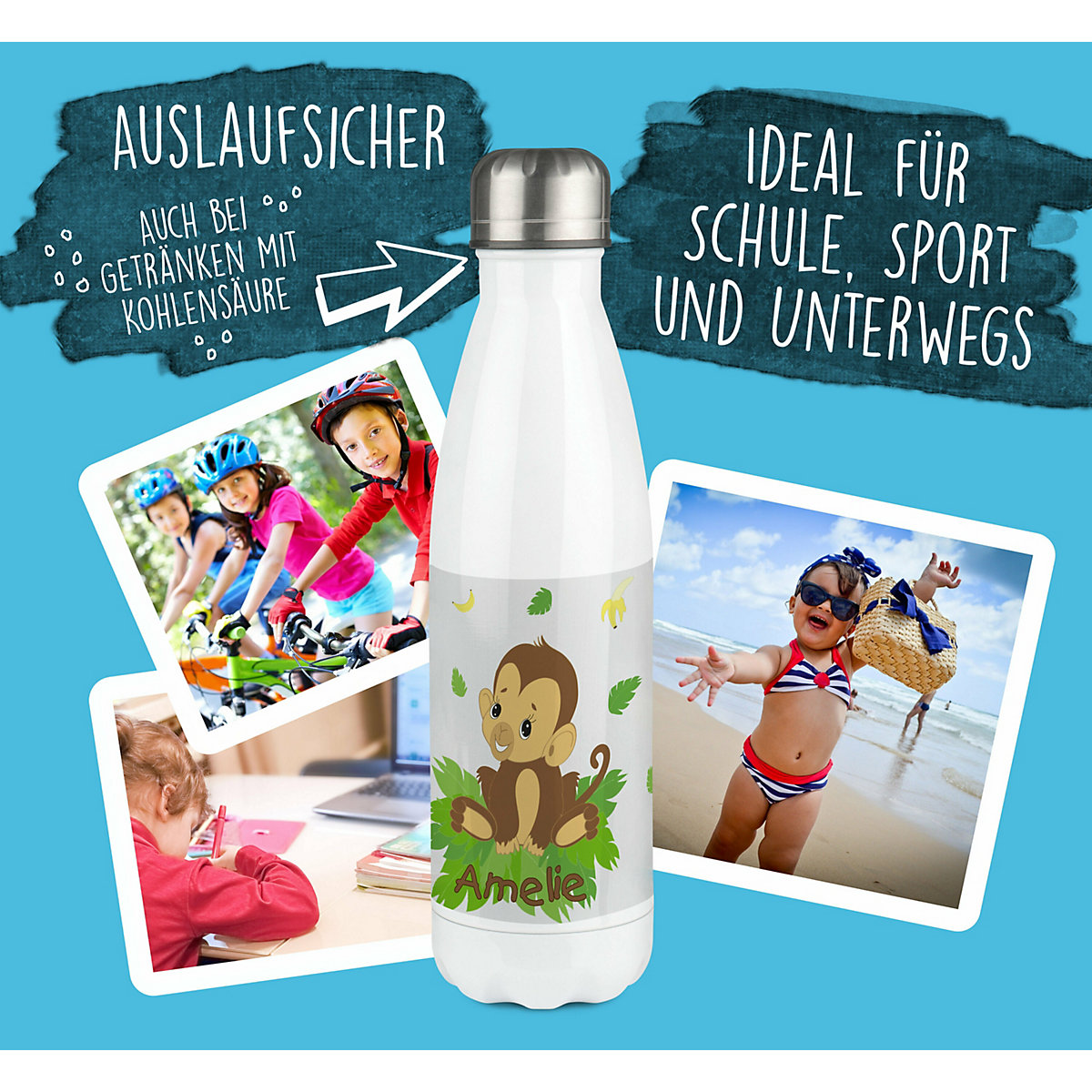 Edelstahl Kinder Thermoflasche / Trinkflasche bunt Affenbaby Spülmaschinenfest, Auslaufsicher, Bruchfest, Doppelwandig, Für Heißgetränke geeignet, Mit Deckel, Isoliert