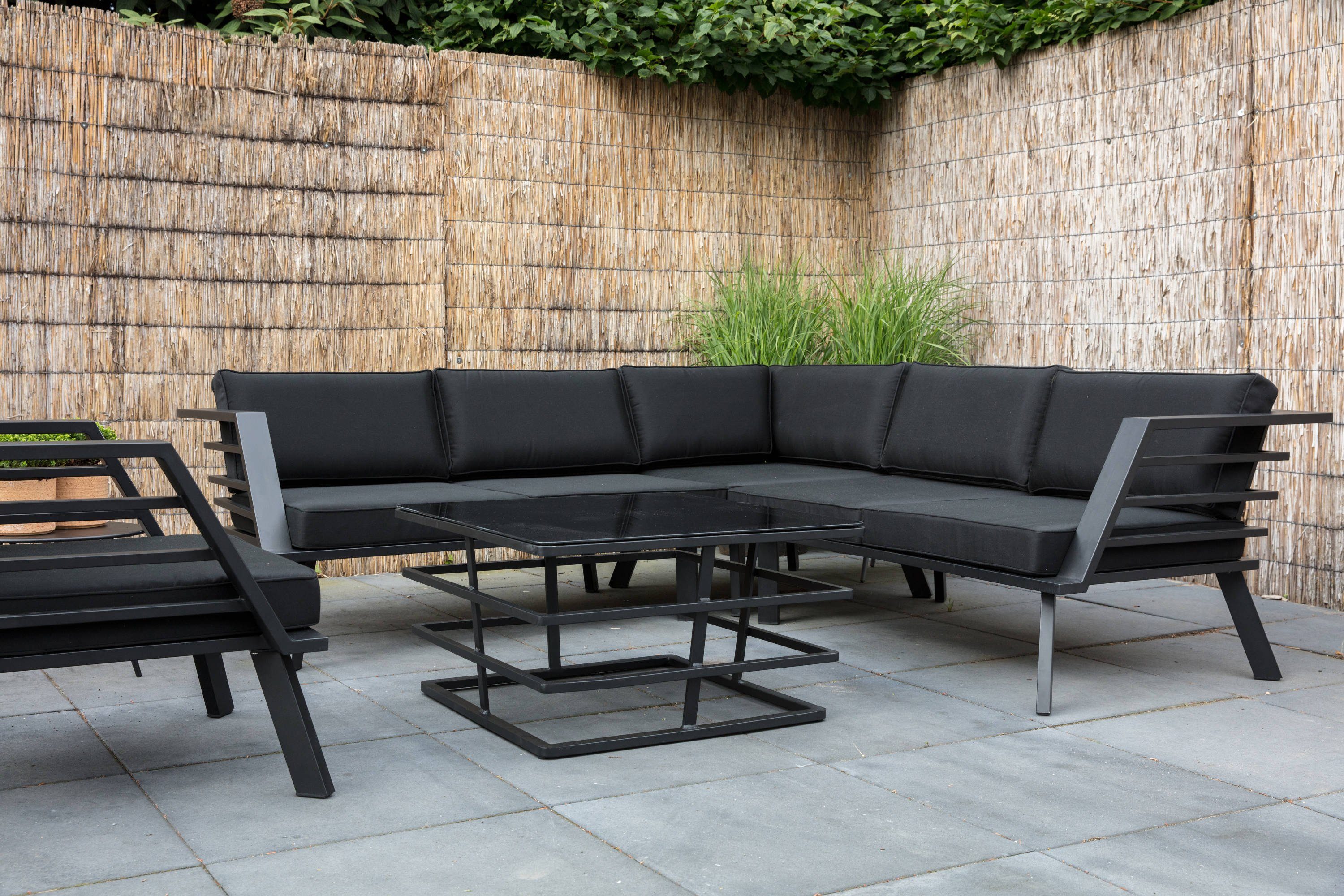 GMD Living Eckbankgruppe REGATTA, (Eckbank Loungeset, 4-tlg., bestehend aus 2 Sofas, 1 Eckteil & 1 Tisch inkl. Polsterkissen), wasserbeständiger Polyesterbezug, moderne Optik