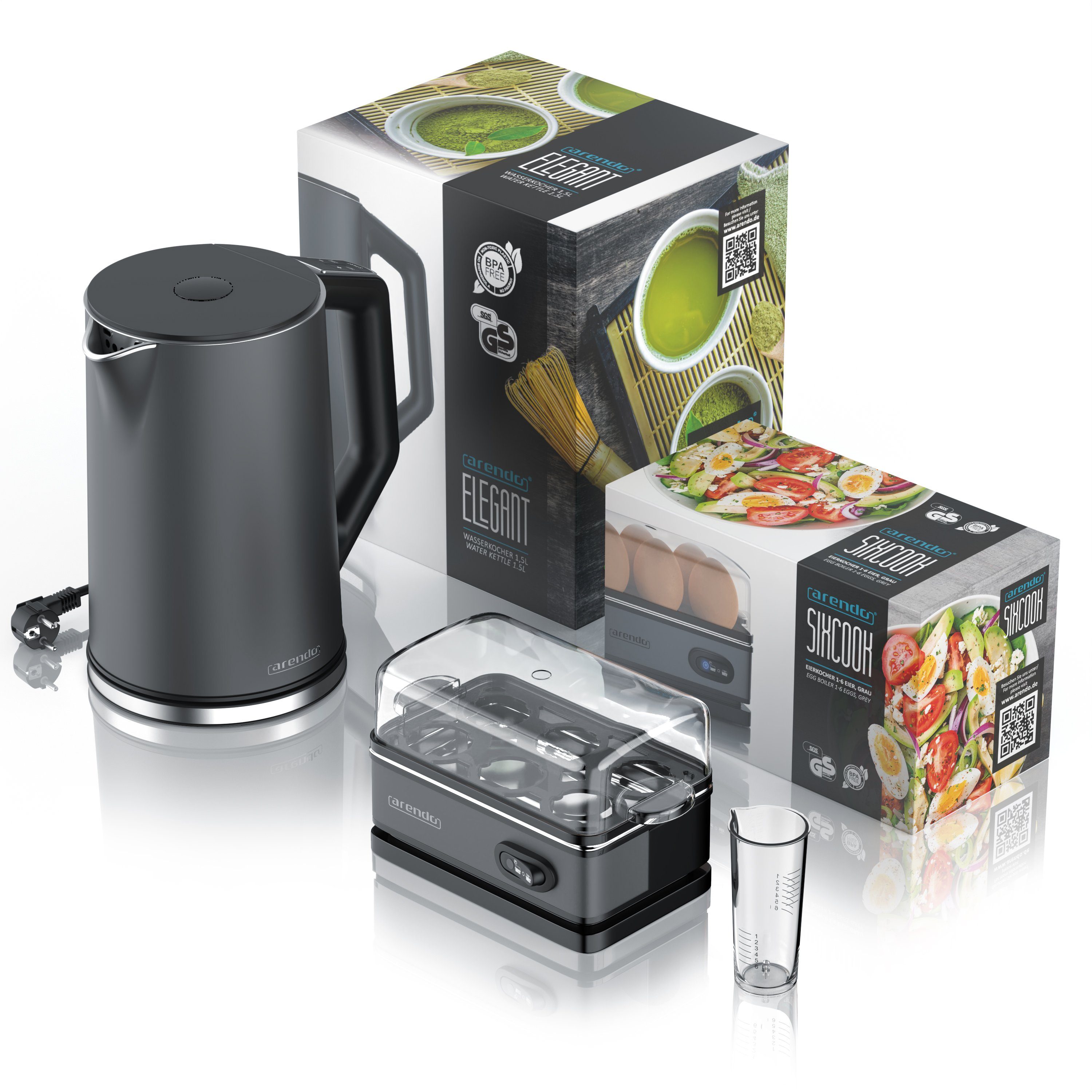 Arendo Frühstücks-Set (2-tlg), Edelstahl Wasserkocher 1,5l, 6er Eierkocher, Grau