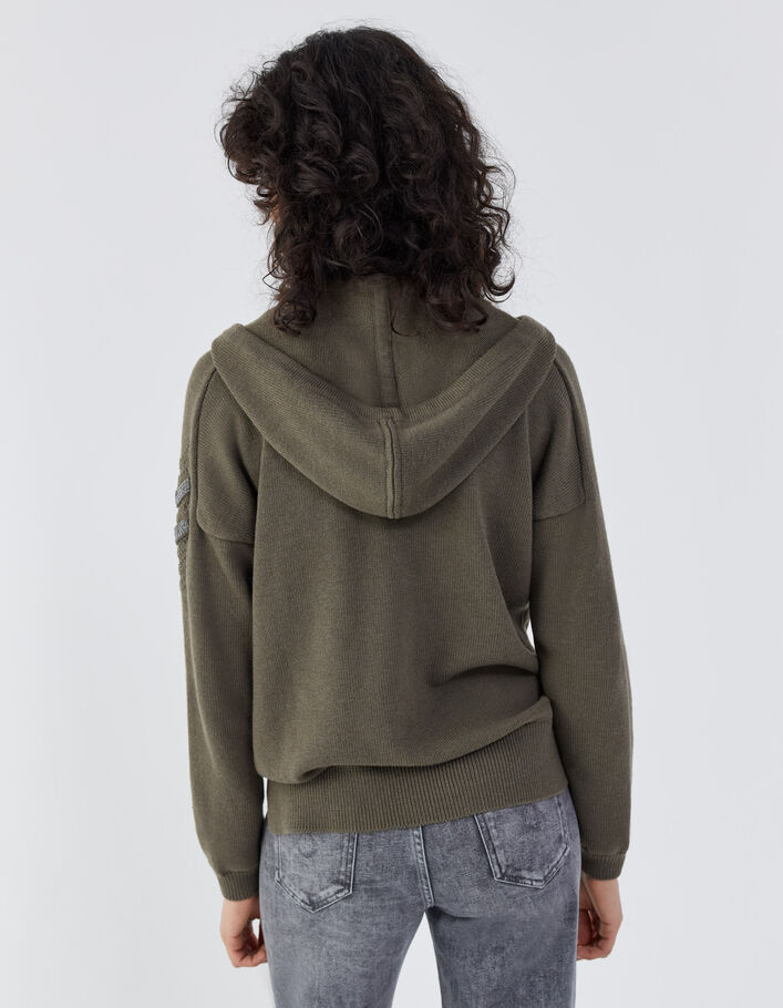 Cardigan capuche kaki chevron bijou et jeux de point femme