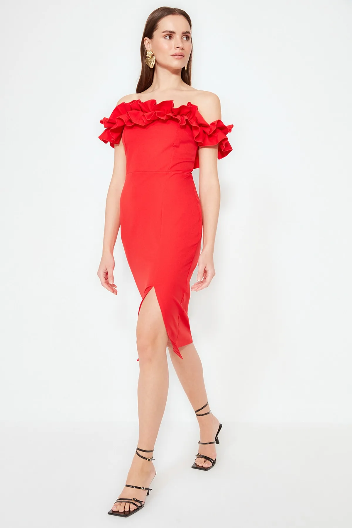 Trendyol Collection  Rotes, tailliertes, gewebtes, elegantes Abendkleid TPRSS21EL1515