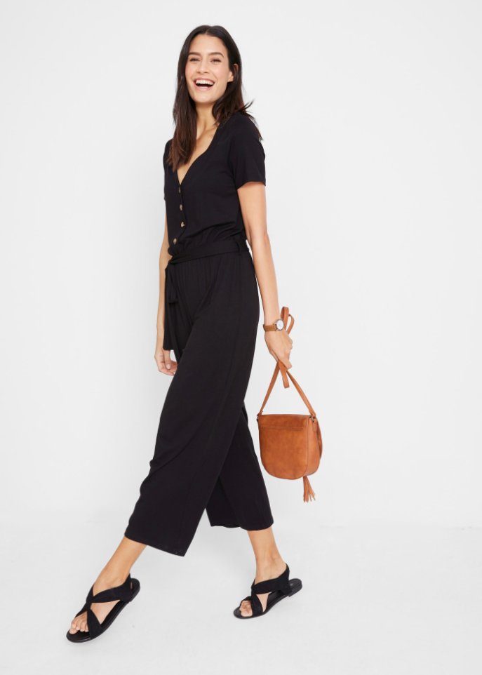 Jersey-Jumpsuit mit V-Ausschnitt, kurzarm