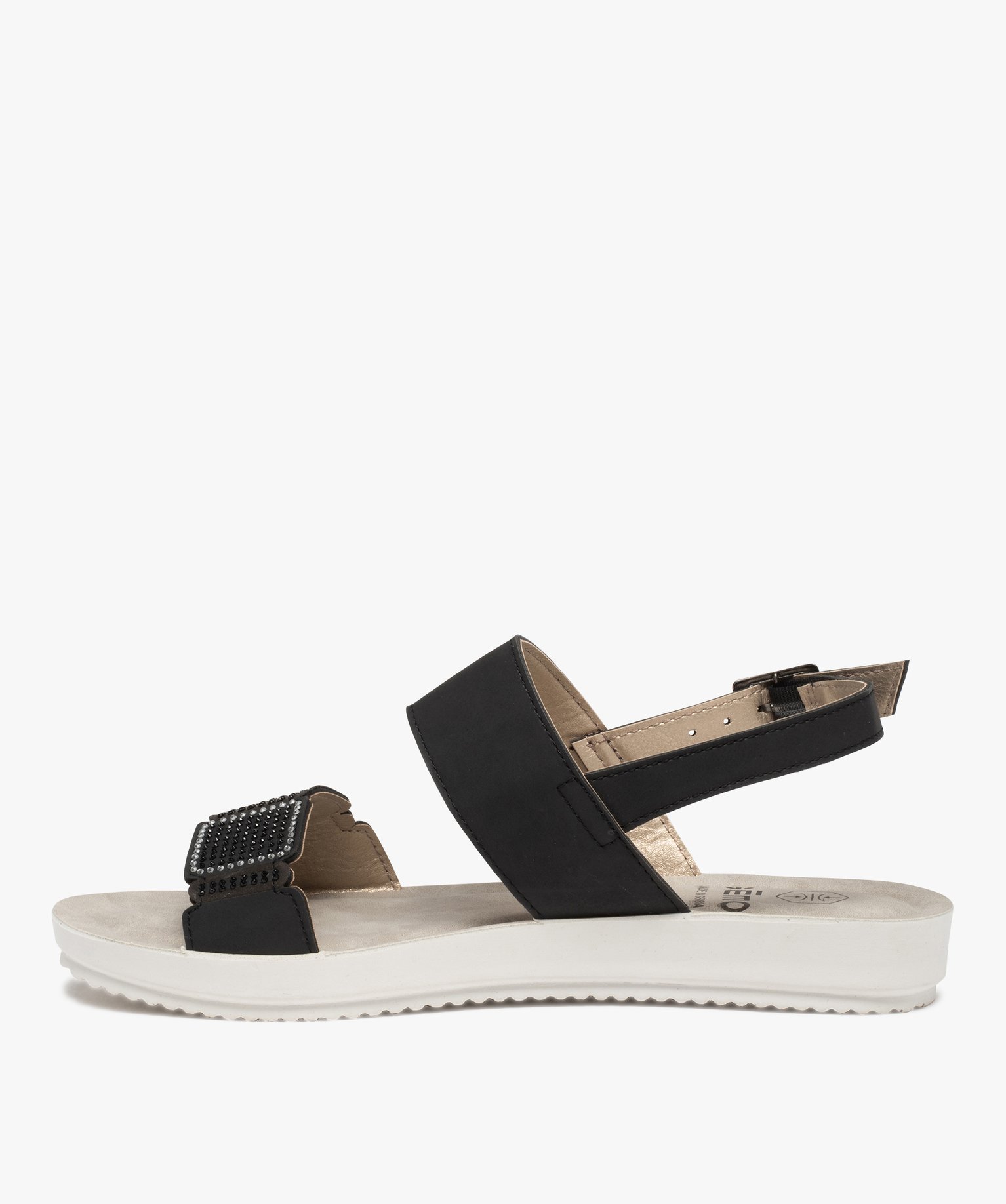 Sandales femme plates dessus uni à strass noir | GEMO