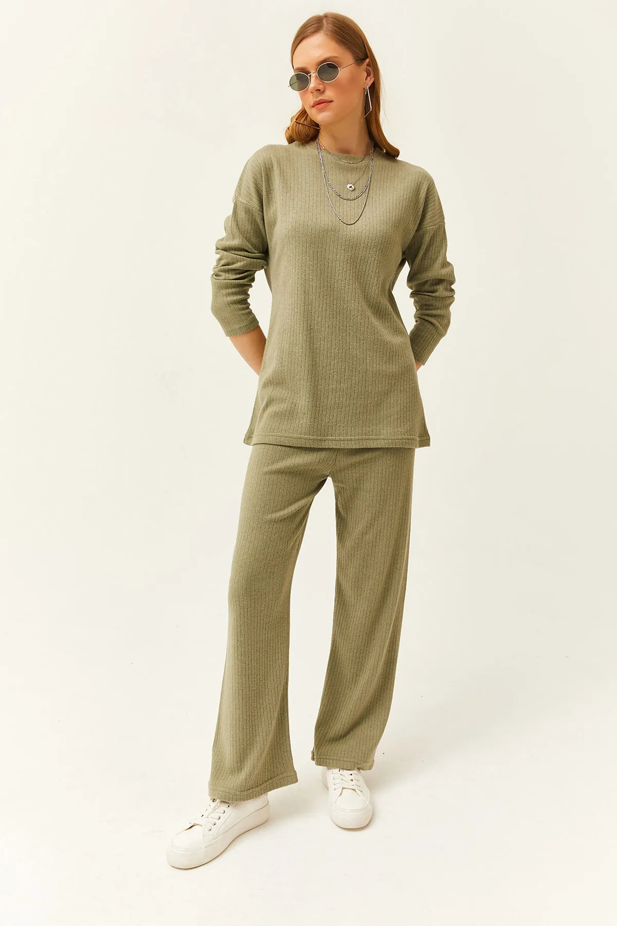 Olalook  Damen Hellkhaki Unterteil Oberteil Gerippt Dicker Anzug TKM-19000242