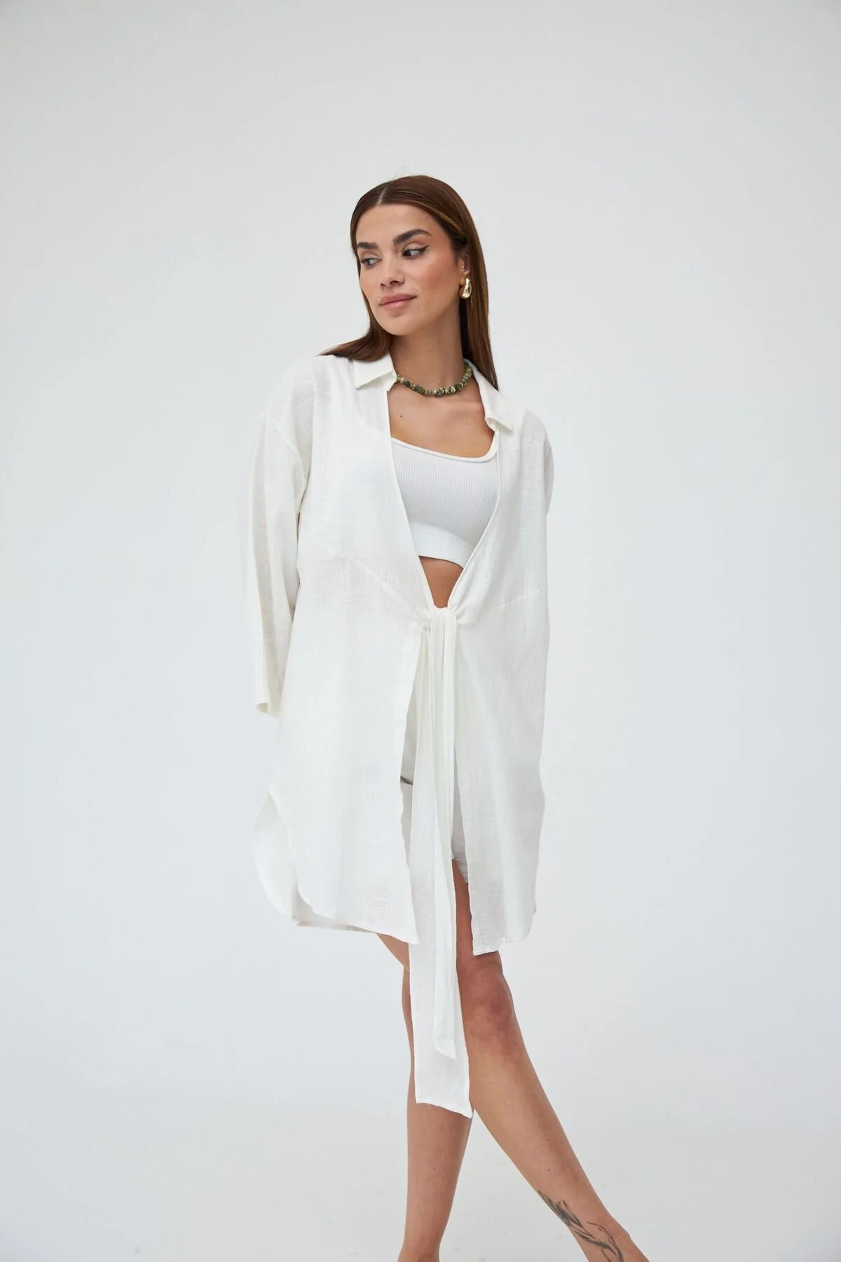 Laluvia  Off White Flam Leinen-Kimono-Hemd