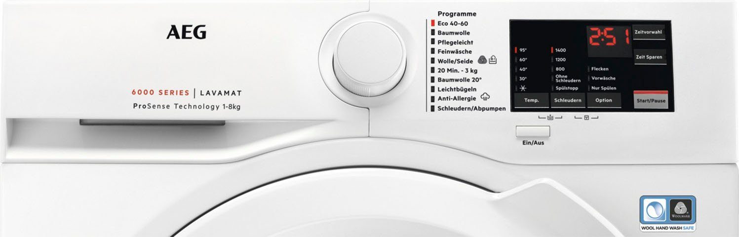 AEG Waschmaschine Serie 6000 mit ProSense-Technologie L6FA48FL, 8 kg, 1400 U/min, Hygiene-/ Anti-Allergie Programm mit Dampf