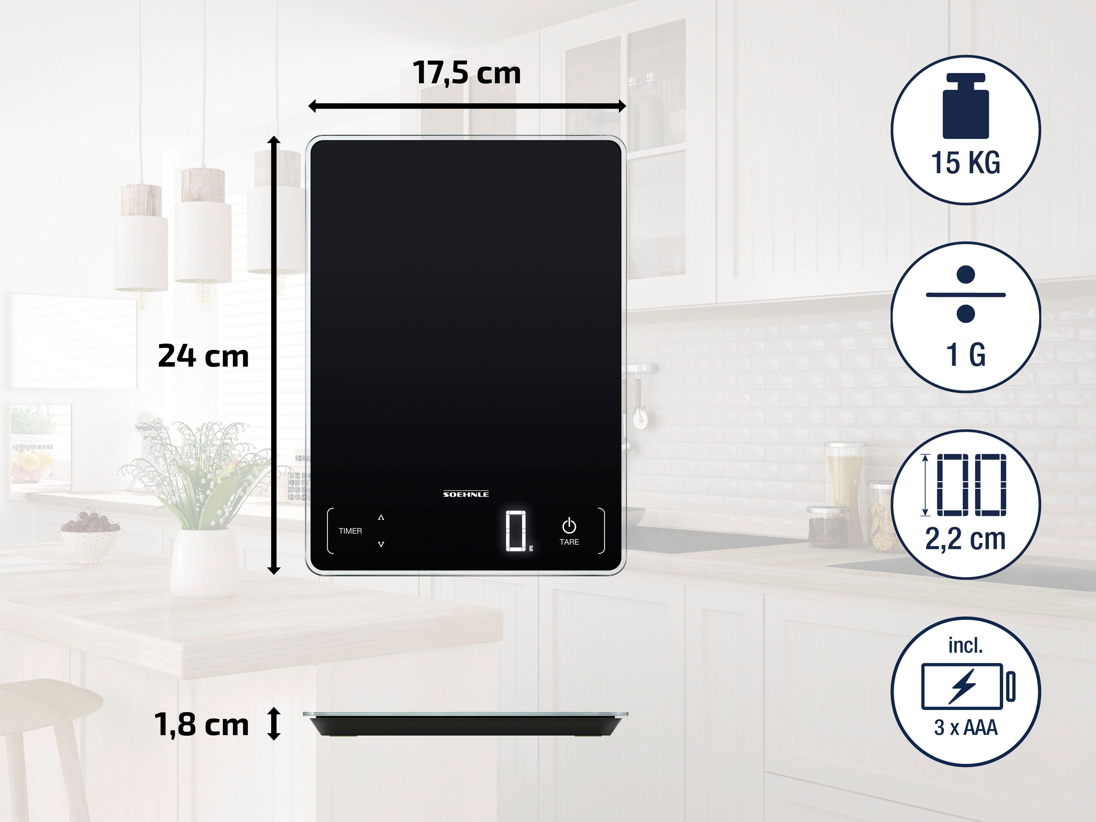 Soehnle Küchenwaage Page Profi 100, &Sensor-Touch + Küchentimer, Tragkraft bis zu 15 kg, 1g genaue Teilung
