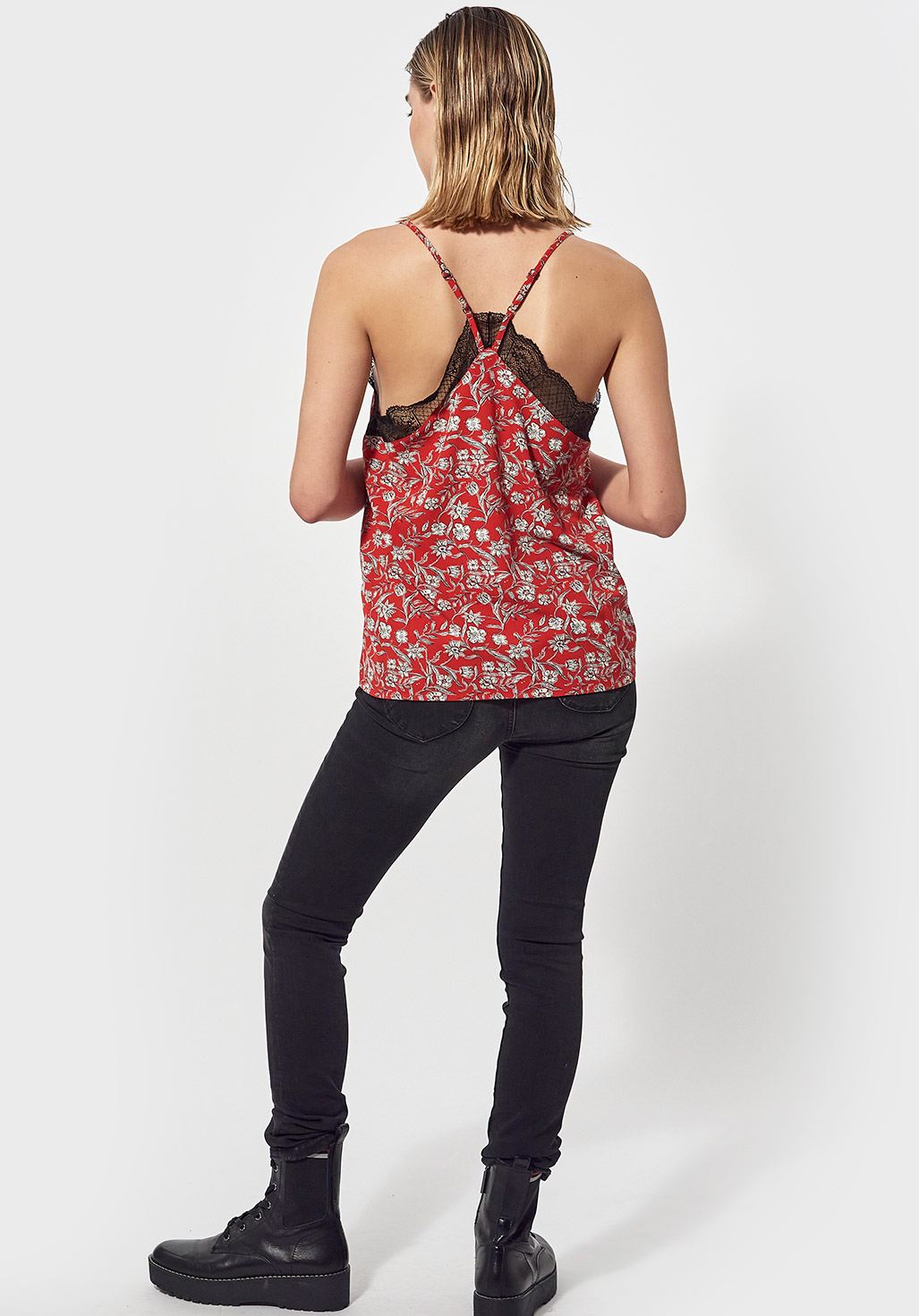 TINA  Top régular rouge femme imprimé fleuri et dentelle