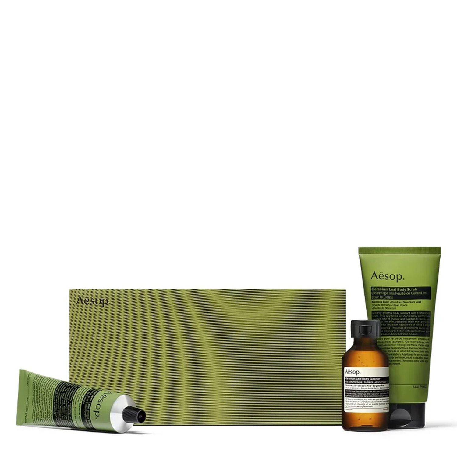 Aesop ROUSING RHYTHMS Coffret trio de soins vivifiants à la Feuille de Géranium pour le corps