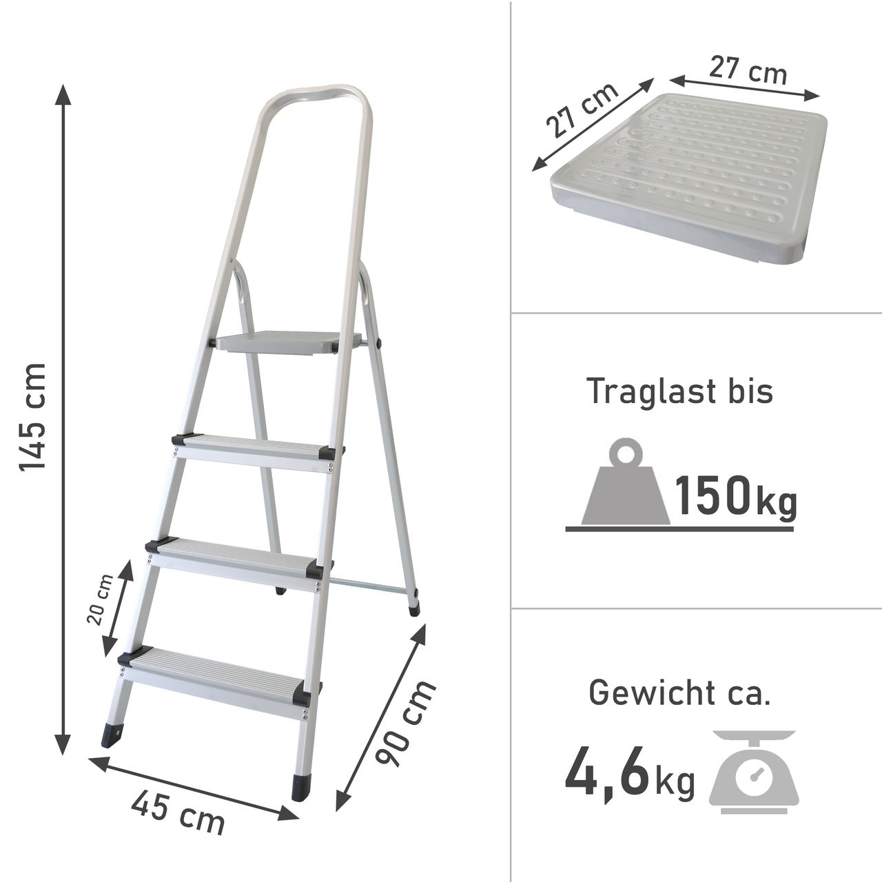 Lemodo Stehleiter mit 4 Stufen, Aluminium Trittleiter
